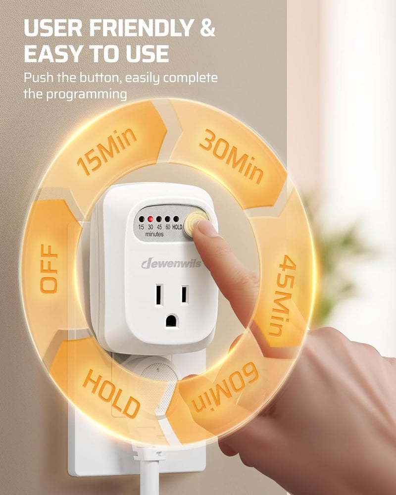 DEWENWILS Indoor Countdown Timer Outlet, 15/30/45/60min Settings, Auto Shut Off Safety Outlet for Lights, Seasonal Decor, Coffee Pot, 125V/15A Resistive/1000W Tungsten, 3 Prong, 1/3 HP, 2 Pack - Image 2